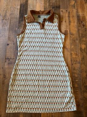 SHEIN Cream Mini Polo Dress with Brown Collar and Green-Brown Heart Print